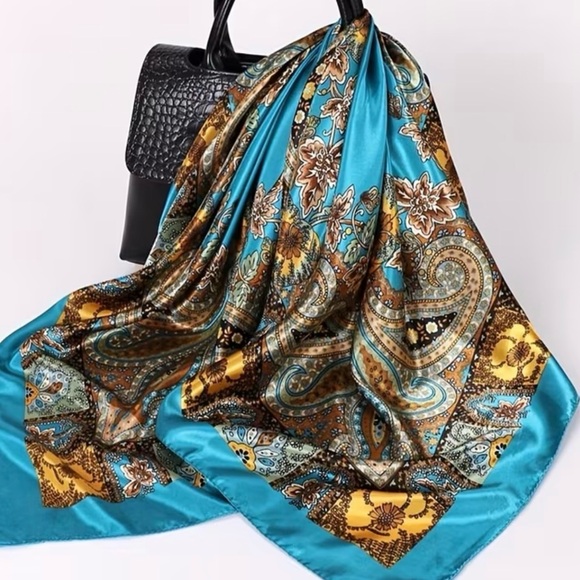 Accessories - 2/$40 Elegant Paisley Silk Scarf - Teal and Gold
